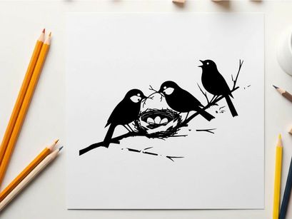 Silhouette of birds on a flowering branch with nest