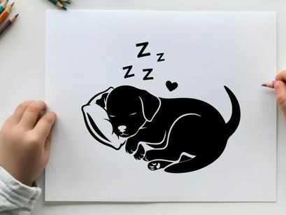 Sleeping dog silhouette with zzz and heart symbols