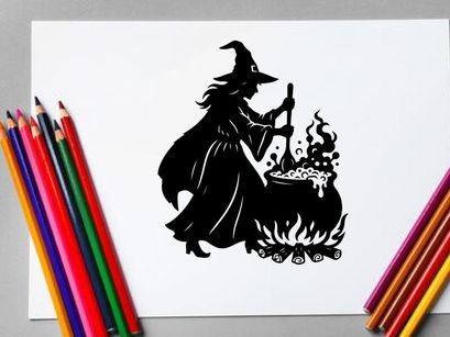 Witch Brewing Potion in Cauldron with Fire and Smoke