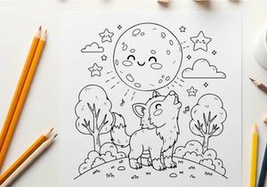 Cute sheep and moon stargazing night scene vector illustration