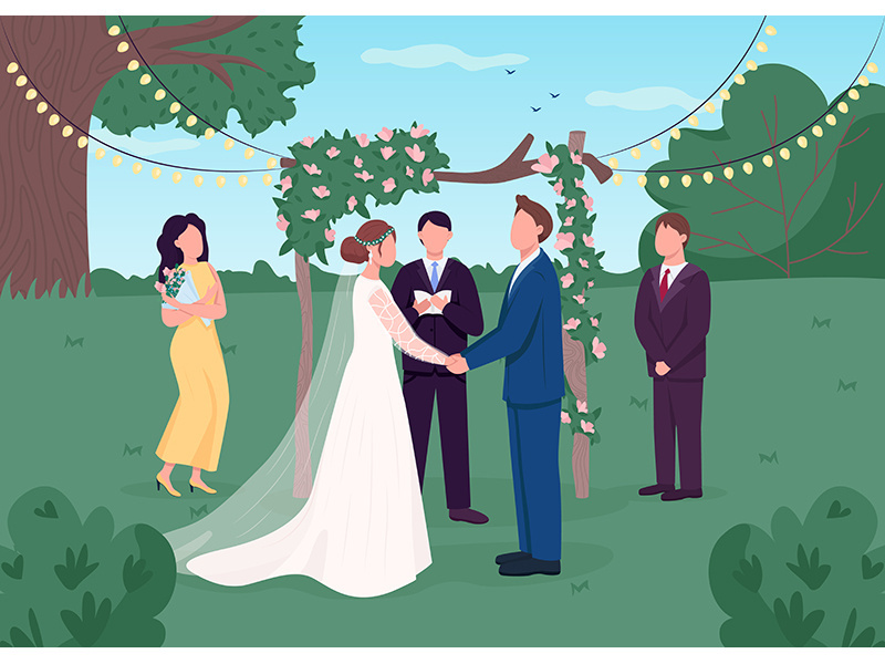 Rural wedding ceremony flat color vector illustration