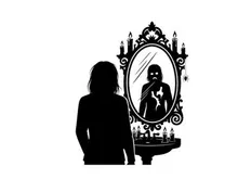 Silhouette of woman looking at her reflection in ornate mirror with candles