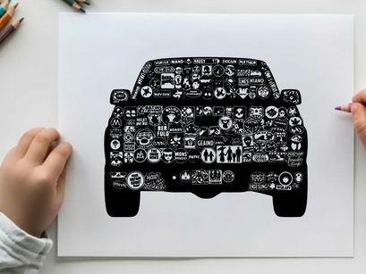 Silhouette of a car covered in numerous small stickers and decals silhouette