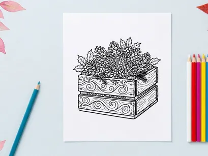 Handgezeichneter Weihnachtsgeschenkkarton mit verziertem Blumenmuster und dekorativen Schwüngen für festliche Deko