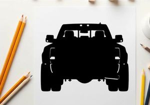 Silhouette of a black pickup truck facing forward on white background