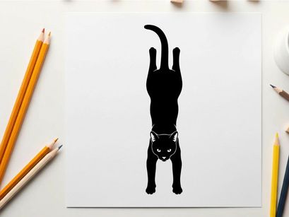Black cat silhouette doing a handstand on white background