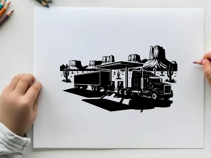 Silhouette of a semi truck parked in front of a building