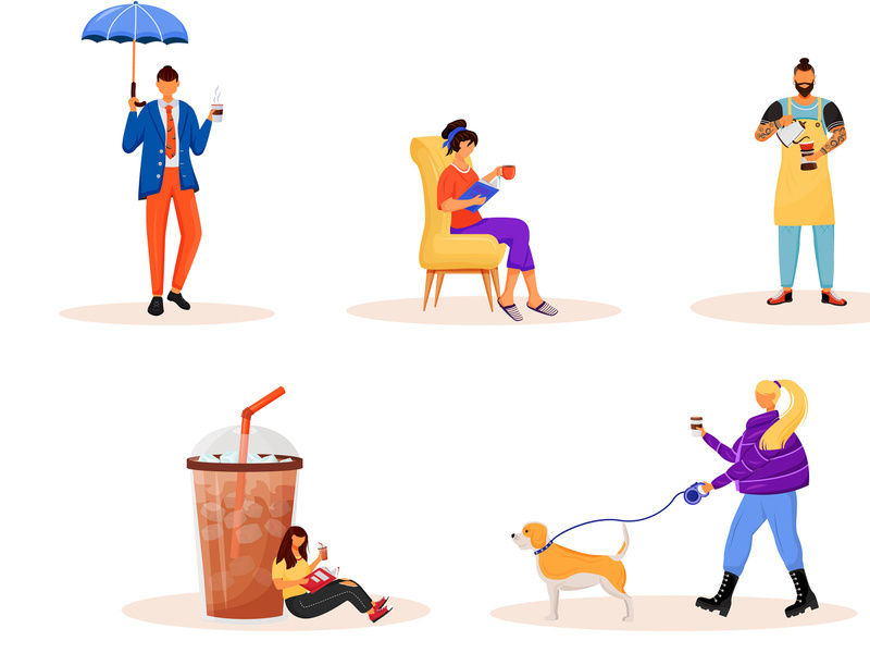 Coffee culture flat color vector faceless characters set