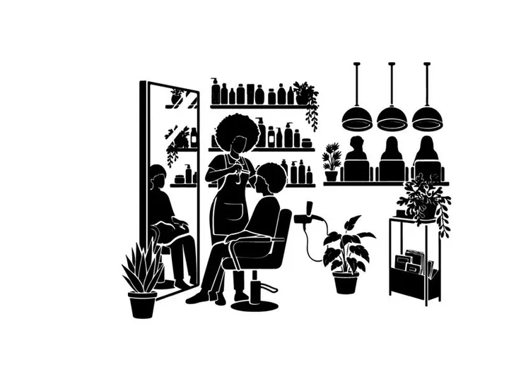 Silhouette of a hair salon with customers and stylists