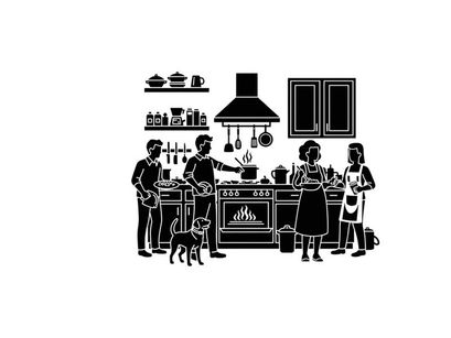 Family cooking together in kitchen silhouette