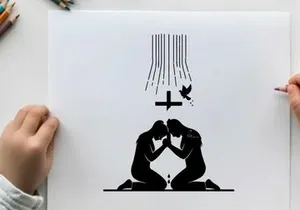 Silhouette of two people kneeling in prayer with cross silhouette