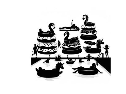 Silhouette of people on inflatable pool toys on a large table