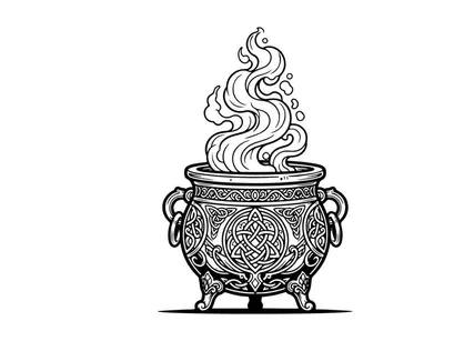 Witch cauldron with magical smoke. Celtic pot illustration for fantasy potion brewing.