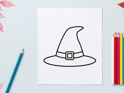 Ícone minimalista de chapéu de bruxa para design de Halloween. Ilustração vetorial em linha preta simples de um acessório de feiticeira.