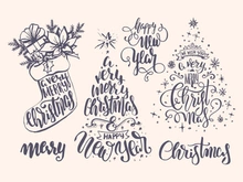 Lettering , typography inside chrismas elements and deer, ball, christmas tree, jingle, new year.