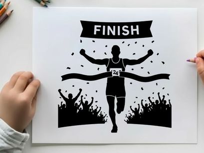 Silhouette of a runner crossing the finish line with cheering crowd