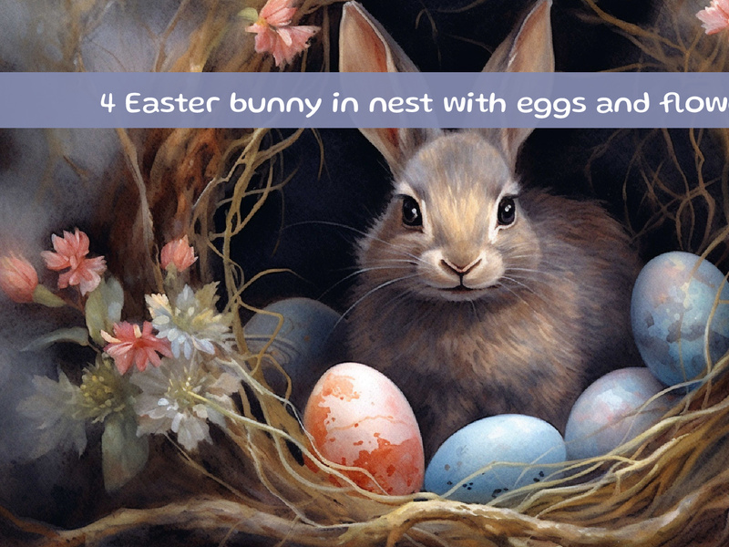 Easter bunny in nest with easter eggs and spring flowers