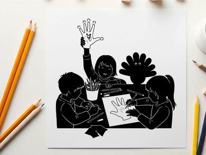 Children's hands making a colorful silhouette art project with a turkey