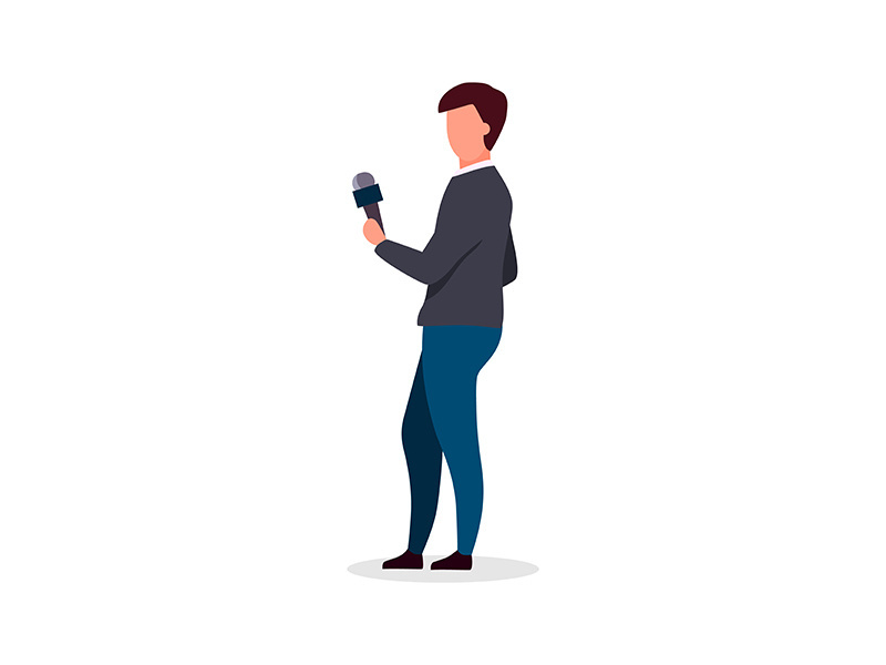 Journalist holding microphone flat color vector faceless character