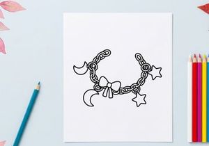 Charm bracelet with moon and star icons. Cute jewelry accessory with bow illustration.