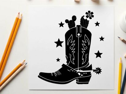 Western cowboy boot silhouette with cactus and stars