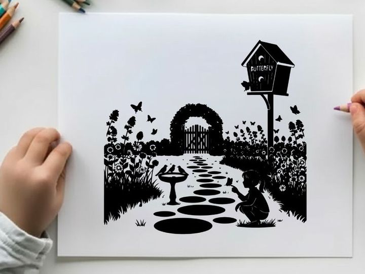 Whimsical garden scene with birdhouse and child