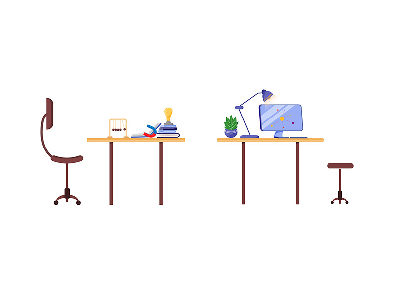 Scientist workplace flat color vector object set