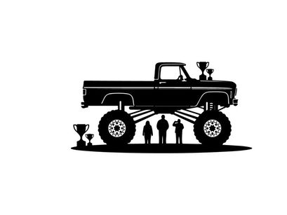 Large silhouette of a lifted truck with people underneath