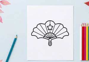 Hand fan line art icon. Decorative folding fan with star symbol for graphic design.