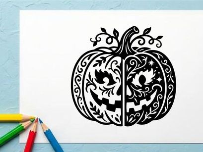 Halloween-Kürbis mit gruselig geschnitztem Gesicht und wirbelndem Rankendesign