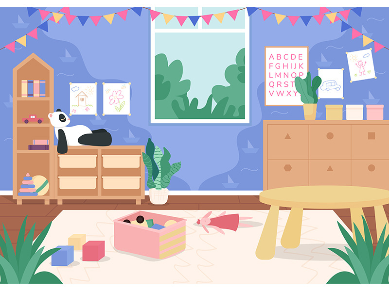 Kindergarten playroom for children flat color vector illustration