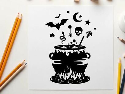 Silhouette of a witch's cauldron on fire with spooky elements