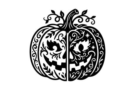 Halloween-Kürbis mit gruselig geschnitztem Gesicht und wirbelndem Rankendesign