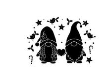 Black silhouette of two gnomes with birds stars and heart