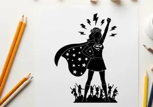 Empowered female superhero silhouette with patriotic cape and crowd