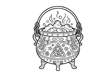 Cauldron with magical potion bubbling over flames. Enchanted witchcraft brew steaming in ornate ritual vessel.