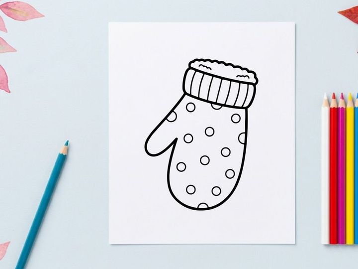 Christmas mitten coloring page for kids, winter holiday line art illustration