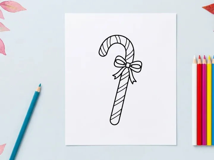 Christmas candy cane line art illustration with a decorative bow for holiday design