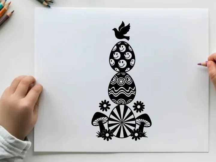 Whimsical silhouette of stacked eggs with mushrooms and flowers