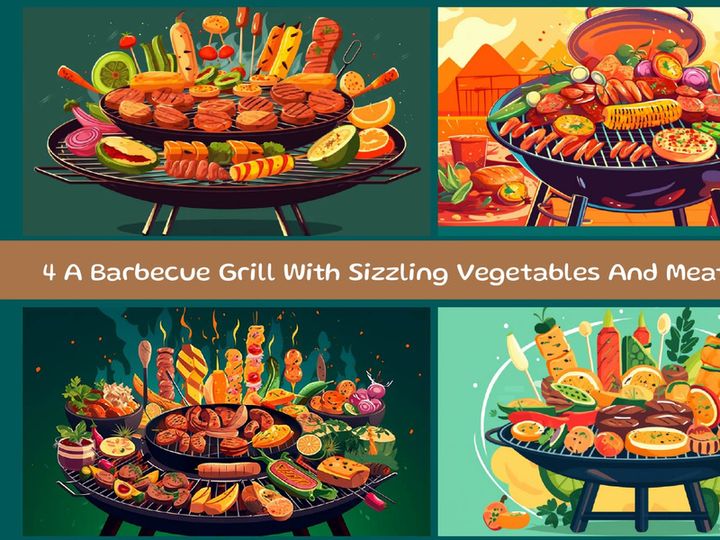 A Barbecue Grill With Sizzling Vegetables And Meat Flames
