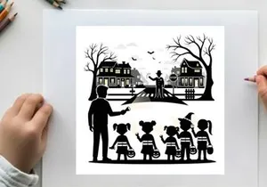 Halloween scene with silhouette of adults and children trick or treating