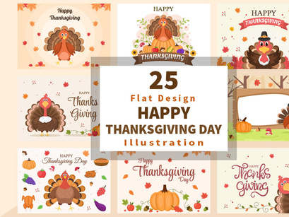 25 Happy Thanksgiving with Cartoon Turkey Vector Illustration