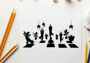 Yoga silhouettes on colorful mats with plants silhouette