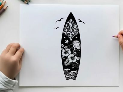 Silhouette of a decorated surfboard with floral design and birds