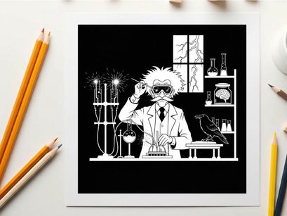 Silhouette of a mad scientist in his laboratory with a crow