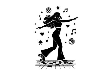 Retro silhouette of woman roller skating with music symbols