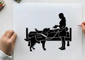 Silhouette of woman and service dog assisting person in bed