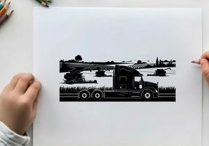 Silhouette of a semi truck driving through a rural landscape