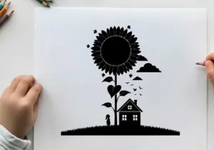 Silhouette of a sunflower and house with a person