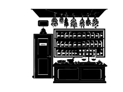 Silhouette of a vintage apothecary shop interior with hanging herbs